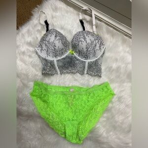 Very Sexy Victoria's Secret Lace Bra and Panty Set - Black and Neon Green